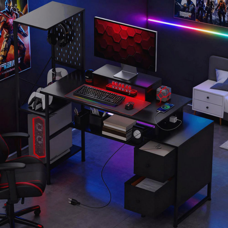 Gaming Desk With Storage, Computer Table With Power Outlets And Led Lights,For Home And Office