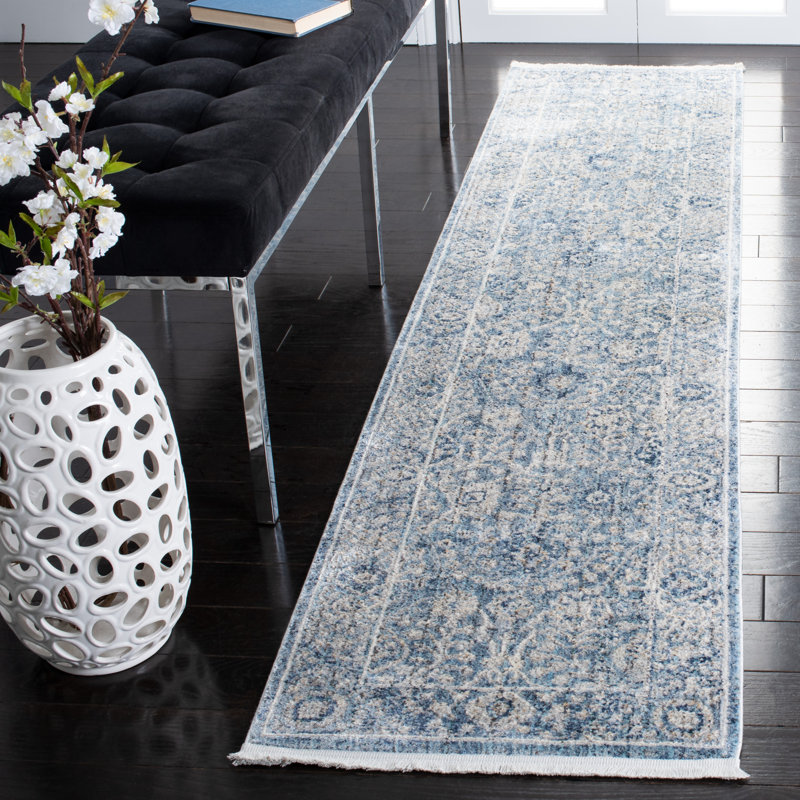 Grey and Turquoise Hand-Knotted Wool Runner Rug
