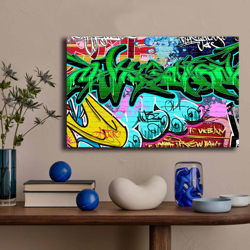 Toile murale encadrée en bois vert et jaune Street Graffiti - 27,6 po x 17,7 po