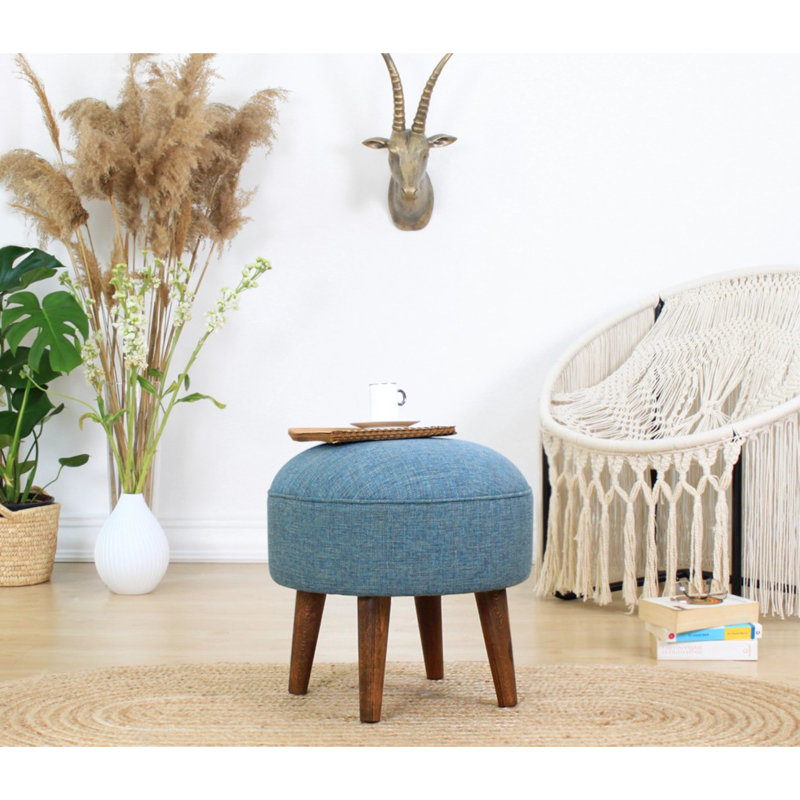 Elegant Bohemian Pouffe, Blue Velvet & Cotton, 16.9 x 17.7 inches | 35 DNS Orthopedic Sponge, 6.0 cm Height | Sturdy Wooden Legs, Perfect for Scandinavian & Hotel Decor | Stylish & Comfortable Seating Solution