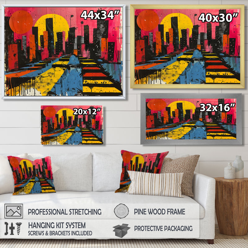 Impression d'art mural orange, rose, paysage urbain II - gratte-ciel, Cadre flottant noir, H 16 po x l 32 po