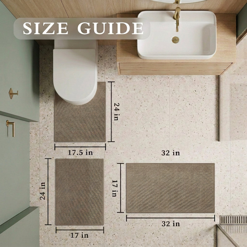 Ensemble de tapis de bain 3 pièces à aspect lin texturé avec envers antidérapant, Café