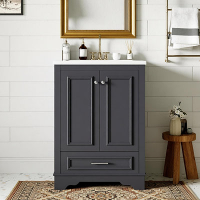 24'' Bathroom Vanity with Ceramic Sink Combo, Modern Freestanding Storage Cabinet with Silver Handles, Soft Closing Doors