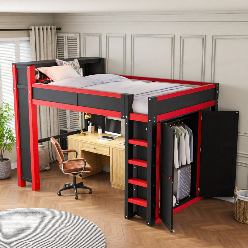 Lit mezzanine en bois avec garde-robe et bureau, tête de lit avec rangement et port USB