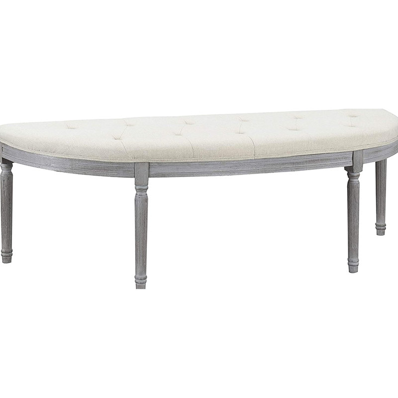 Coastal Button Beige Bench With Weathered Gray Legs, Fits Flush Wall In Bedrooms Or Corridors, Staggered Spot Cleanable, American Design, 20 Height Tufting And Ideal For Foyers, Easy To Clean,