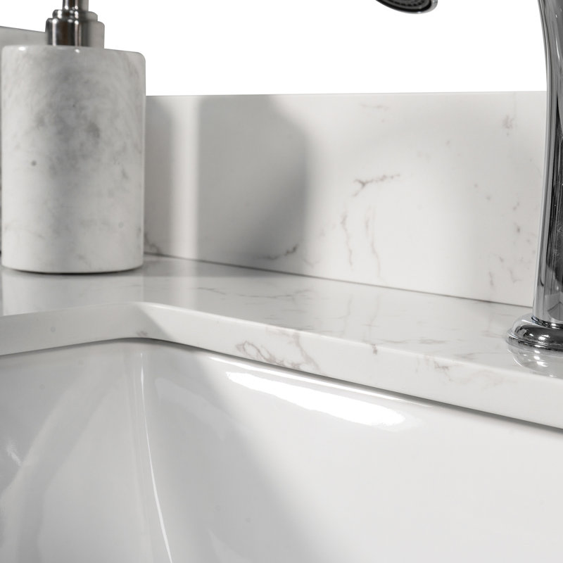 Plan de toilette en pierre reconstituée de 43 x 22 pouces, couleur marbre blanc de Carrare, avec lavabo rectangulaire encastré en céramique et un seul trou pour robinet, avec dosseret.