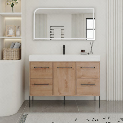 Meuble-lavabo autoportant 48 po avec lavabo en résine blanche et porte d'armoire à fermeture douce et 4 tiroirs ((Kd-Packing)