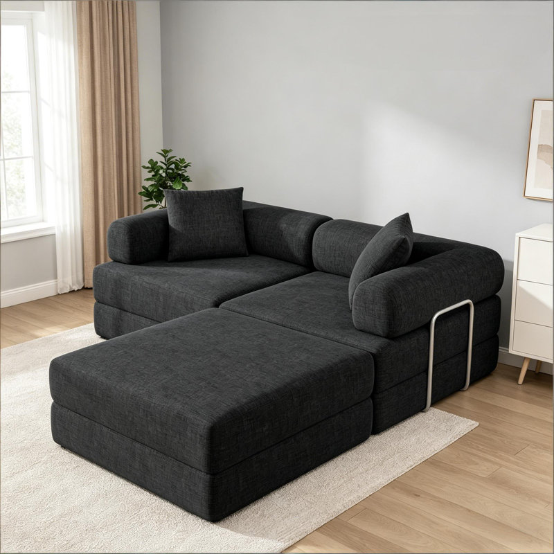 Boneless 117.6-Inch Convertible Folding Sofa Bed, Fixed-Shape Frame Floor Sleeper Sofa, Oversized Modular Sectional Couch With Chenille Upholstery For Living Room
