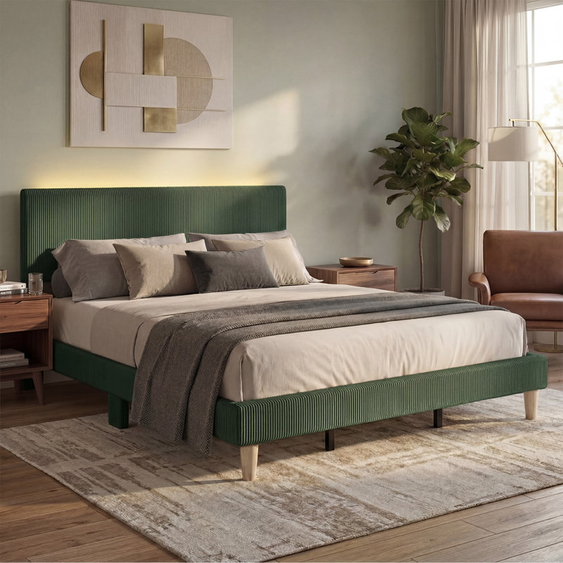 Lit plateforme tapissier Corduroy avec tête de lit à DEL, cadre de lit moderne, Très grand lit, Beige, Non