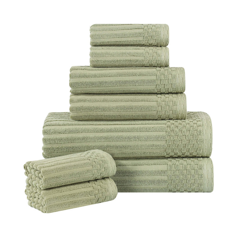 Collection de serviettes à bordure à carreaux en coton 8 pièces Soho Spa, Vert sauge, Ensemble de serviettes 8 pièces
