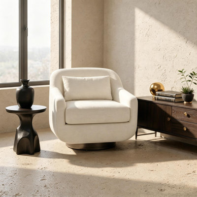 Fauteuil surdimensionné rembourré en chenille beige avec coussin et base en métal