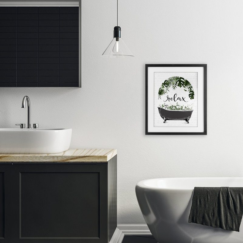 «Tropical Bath Relax», reproduction sous verre encadrée, lettrée et doublée, Cadre noir minuit, H 16 po x l 13 po