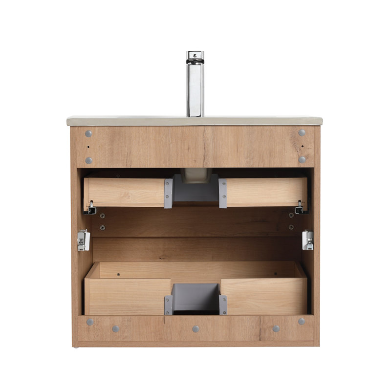 Meuble-lavabo mural 24 po avec lavabo - Armoire murale en bois avec plateau en céramique, tiroirs à fermeture en douceur et meuble-lavabo simple moderne