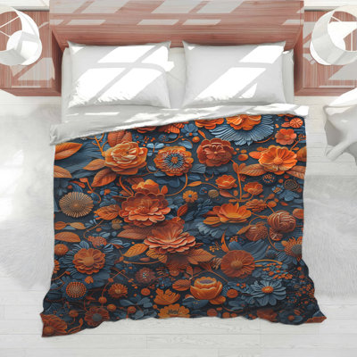Orange Blue Floral Arrangement Comforter