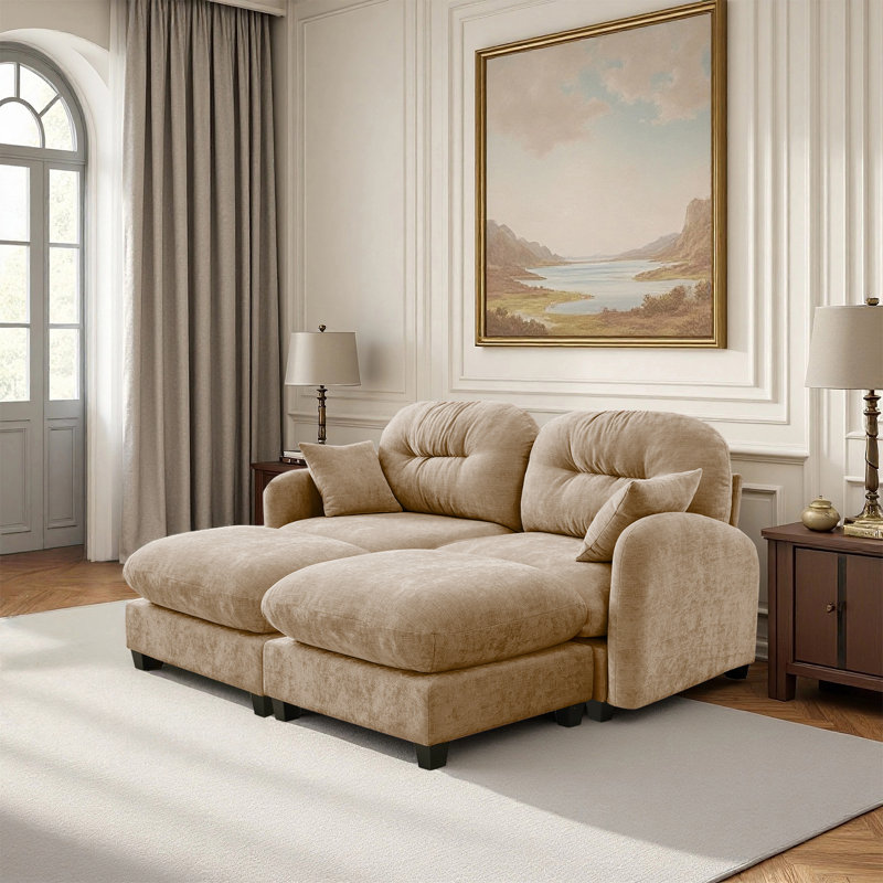 Sofa, Cloud Couch, With 2 Ottoman, Camel