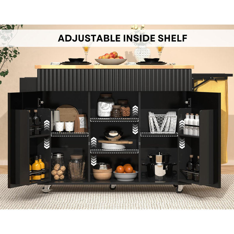 Mobile Kitchen Island with Drop Leaf, Storage Drawers & Foldable Trash Bag, Black