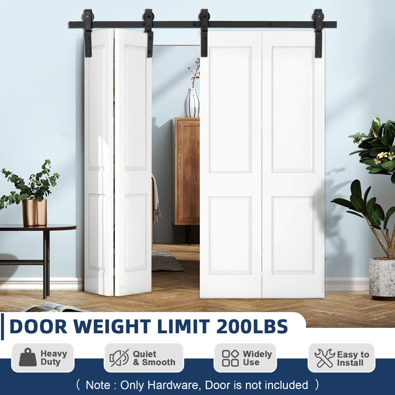 183cm Heavy Duty Bi-Folding Barn Door Hardware Kit | Smooth Quiet Rollers, 360° Brackets, 400lb Steel Rail for 4 Closet Doors