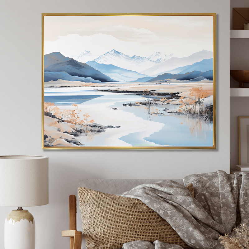 River River In Minimal Canada I - River Mountain Wall Art Living Room, Cadre flottant doré, H 16 po x l 32 po x P 1 po