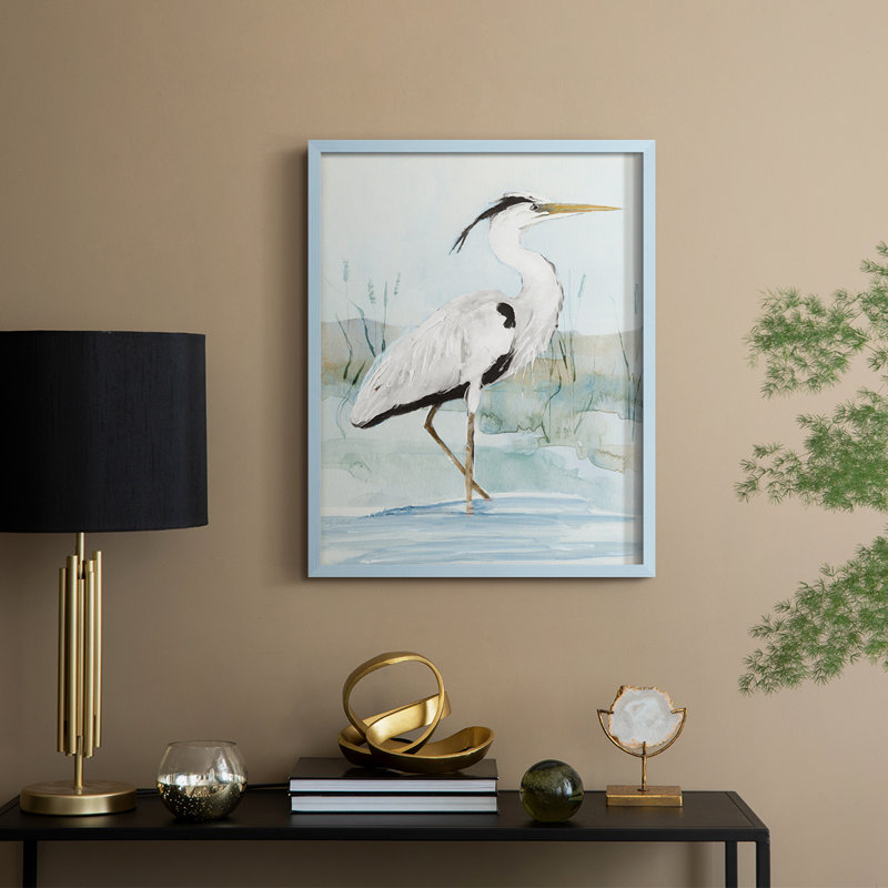 Heron on Blue I, reproduction encadrée - bois massif, H 21 po x l 17 po, Bleu
