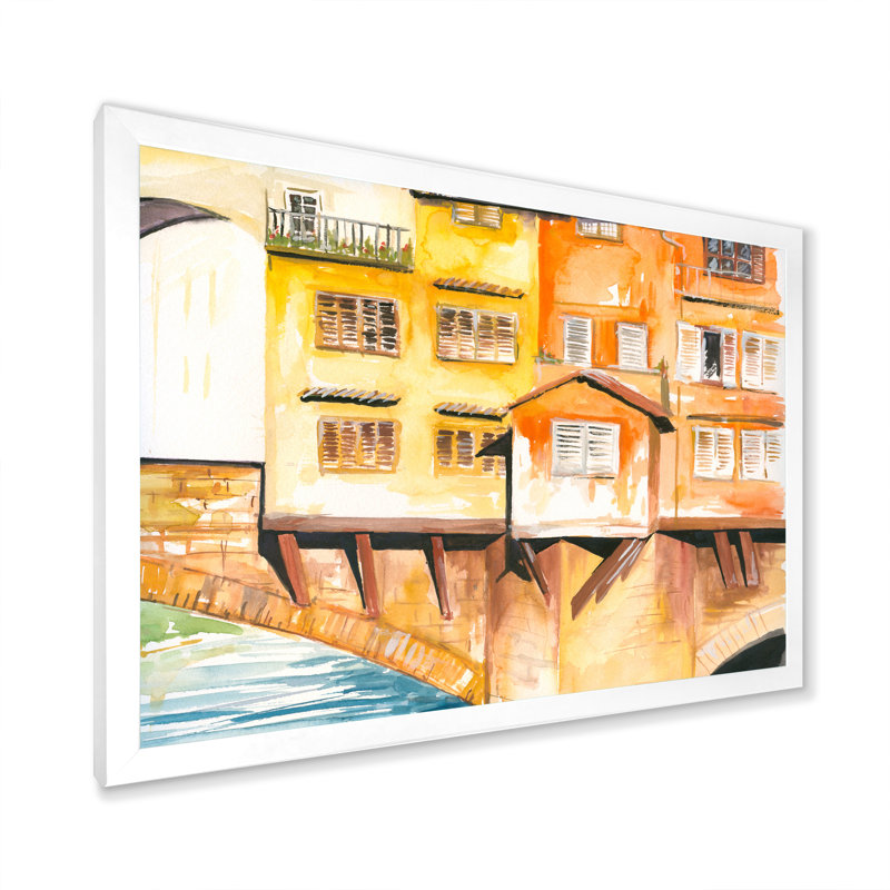 Petite maison sur le pont - peinture sur toile, H 16 po x l 32 po, Cadre photo blanc