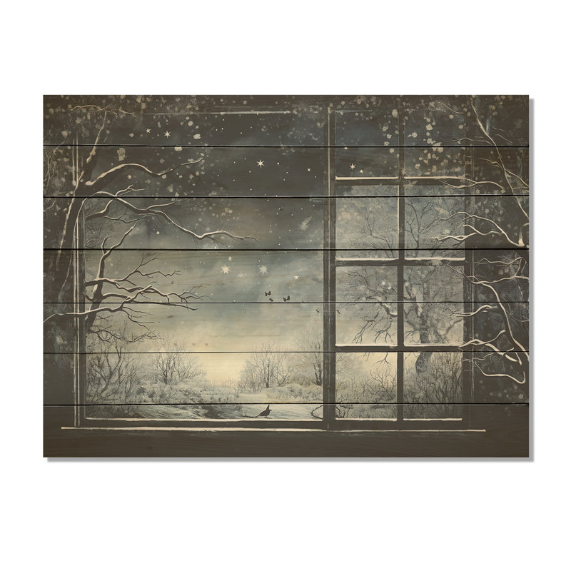 Midnight Gothic Winter Window View II - Winter Landscape On Wood Print, 24" H x 32" W x 0.78" D