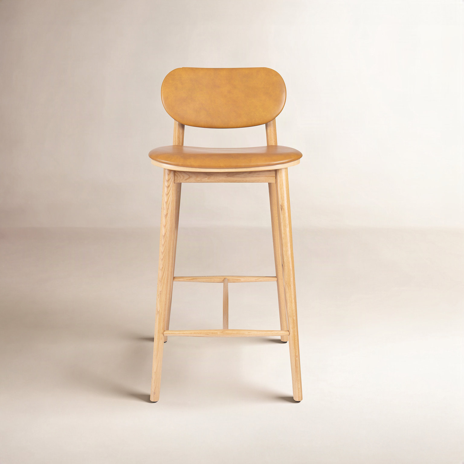 26" Genuine Leather Bar Stool, Tan Leather//Oak Frame