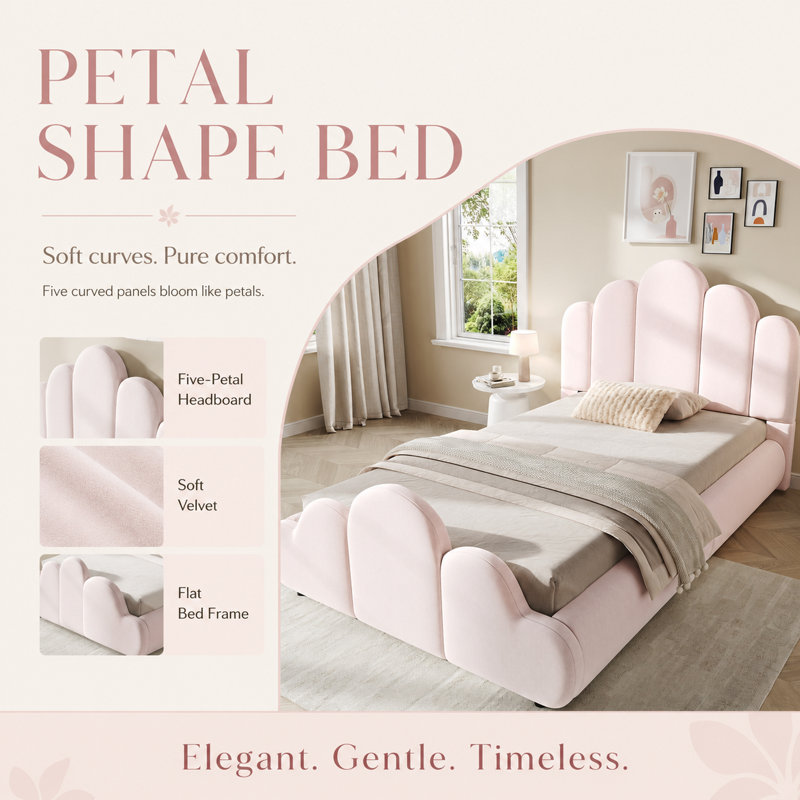 3FT Single Petal-Shaped Upholstered Bed, Blush Pink Velvet