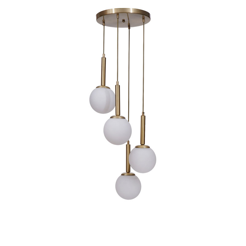 Lustre élégant en métal avec capuchon en verre, finition blanche et dorée, 11,8 po x 11,8 po x 31,5 po | Hauteur réglable | 4 x douilles E27 (40 W maximum) | pour la salle à manger, le salon ou le vestibule | Luminaire élégant
