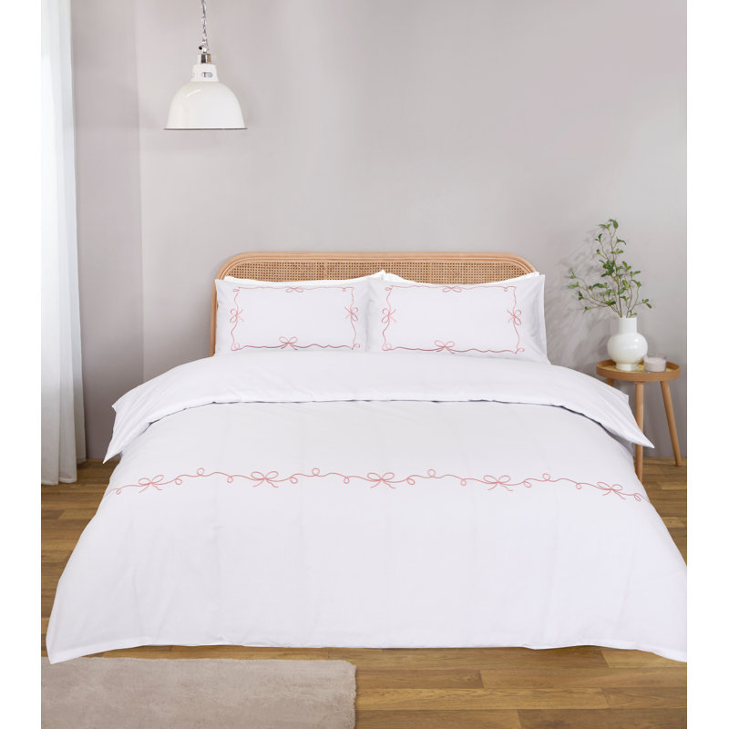 Embroidered Bows Cotton Blend Duvet Cover Set, Kingsize, White