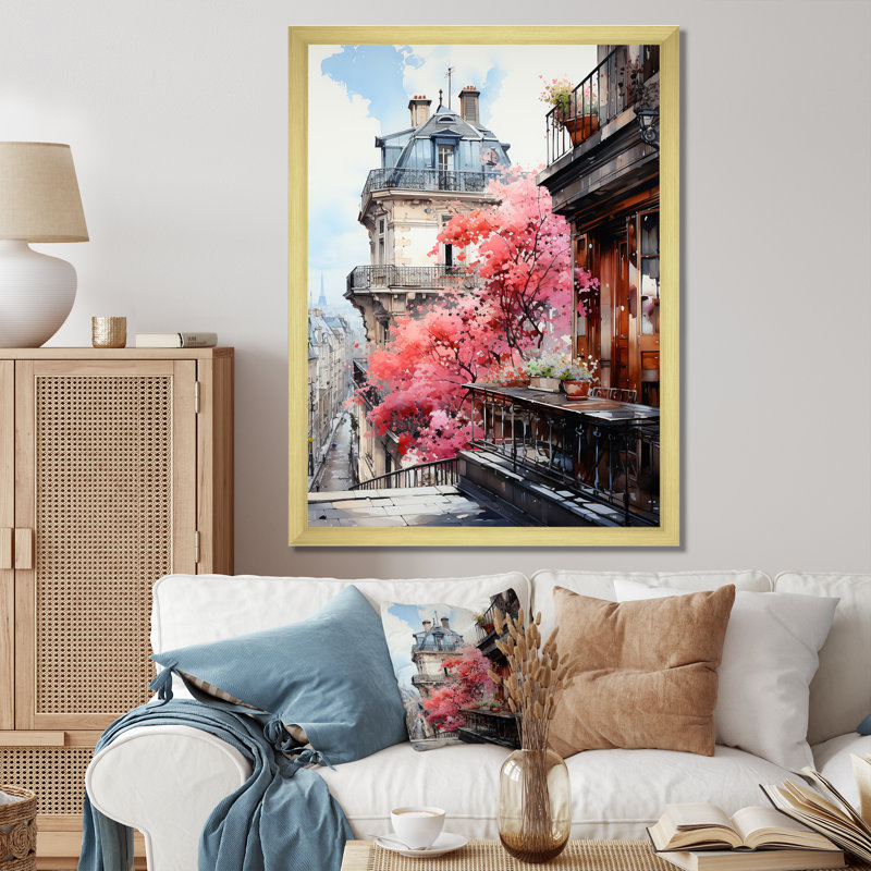 «Pink Paris Parisian Balconies I», reproduction sur toile, H 40 po x l 30 po x P 1,5 po, Cadre photo doré