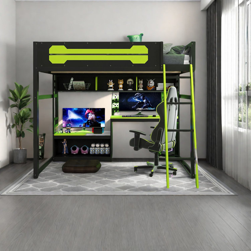 Space-saving Wood Loft Bed With Led Desk, Modern Black+green