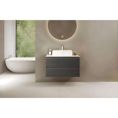 Meuble-lavabo flottant mural moderne de 30 po avec lavabo vasque, armoire de rangement rayée en contreplaqué avec 2 tiroirs, lavabo en céramique blanche et comptoir blanc Carrara
