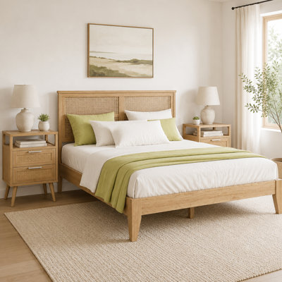 3-Piece Bedroom Set,Solid Wooden Bed with Rattan Headboard and 2 Rattan Nightstands Drawer Open Shelf Storage