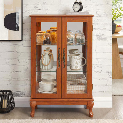 Lighted Curio Cabinet with Tempered Glass Doors and Mirrored Back, Dark Oak