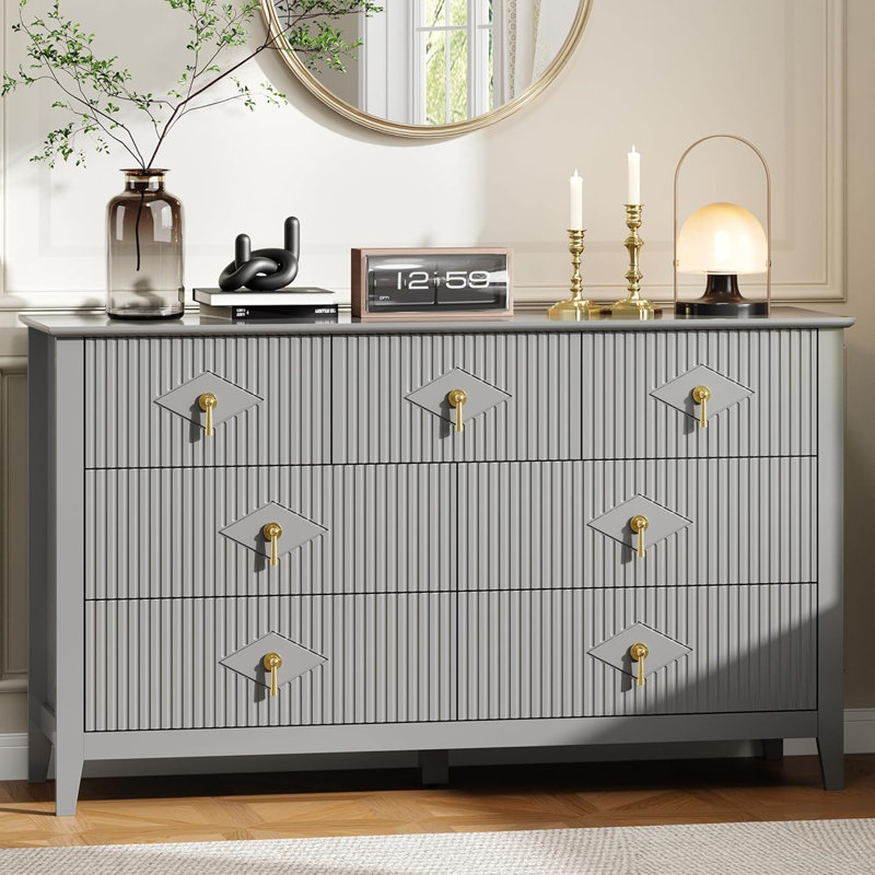 54-Inch Fluted Wood Dresser with 7 Drawers – Modern Storage Chest for Bedroom, Living Room, Hallway, Entryway, Black, Gray