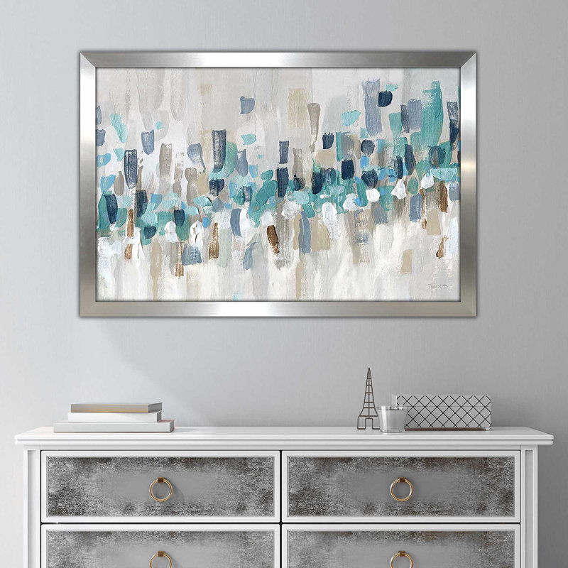 Staccato Blue II par - Peinture, Encadrement argenté, H 33,5 po x l 49,5 po x P 1 po