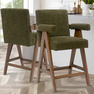 Occeus Set of 2 Full Back 25.5" Walnut Wood Upholstered Counter Stool With Arms