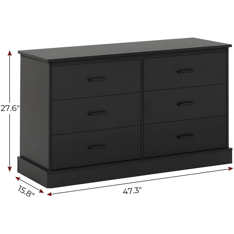 Amiyra Wallburg 6 Drawer Dresser 47.3'' W Wood Double Dresser for Bedroom, Modern Chest of Drawers for Living Room Closet, Black