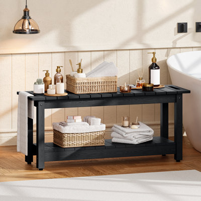 41" Shower Bench, HIPS Waterproof Bathroom Stool Seat, All-Weather Indoor/Outdoor Bench with Shelf and Non-Slip Feet, Black