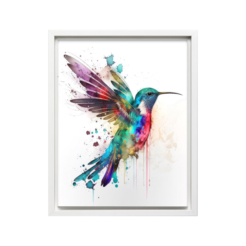 Colibri néon, Canevas, H 12 po x l 16 po, Encadrement blanc