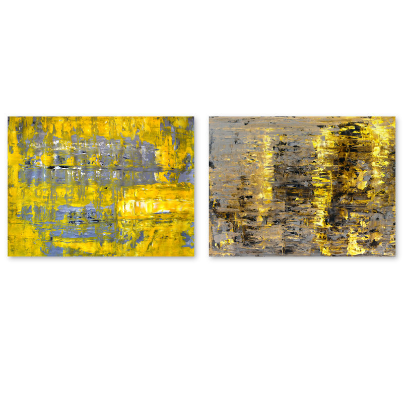 «Yellow Meets Gray Abstract Art», ensemble de 2 peintures sur toile tendue, H 24 po x l 64 po x P 1 po