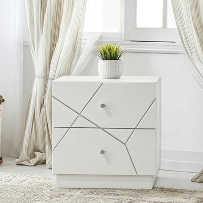 Table de chevet à 2 tiroirs blanc argenté brillant de 23 po