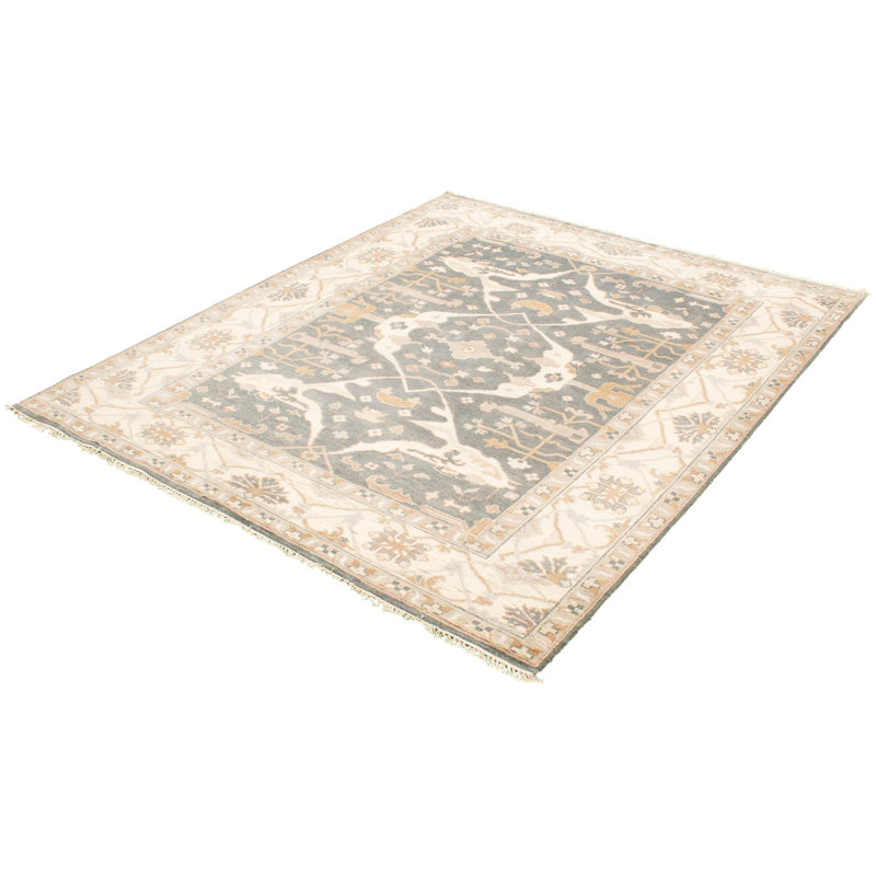 Tapis décoratif en laine gris foncé de conception unique 8 pi 3 po x 9 pi 9 po noué à la main New Age Ushak