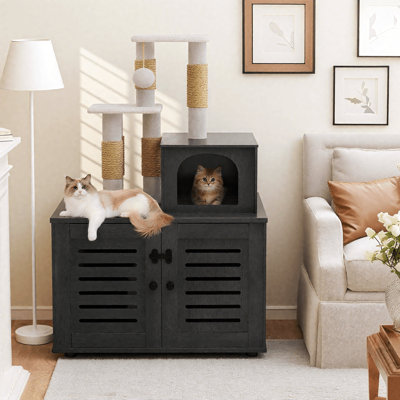 Cat Tree With Litter Box Enclosure, Hidden Cat Washroom Furniture, All-In-One Cat House With  Sisal Scratching Post, Plush Perch Platform & Divided Condo
