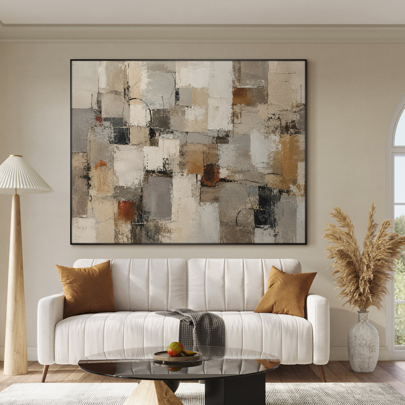 Très grand imprimé mural sur tissu - Blocs géométriques abstraits beige, gris et gris, décor de bureau moderne - «Assemblage requis du cadre (cadre non fini)»