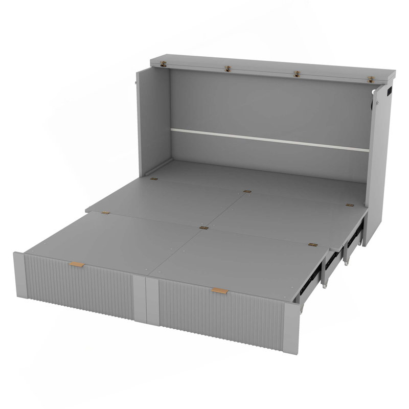 Lit escamotable avec tiroir et ensemble de prises et ports USB, structure de poulie, Grand, Gris