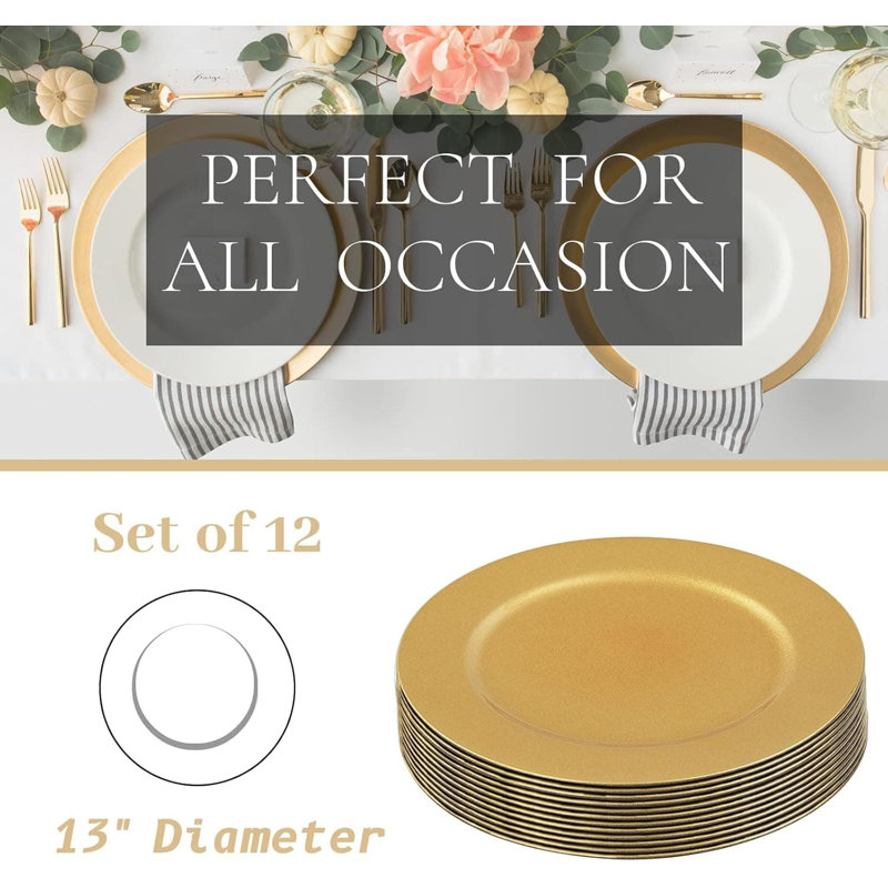 Set of 12, 13" Gold Round Plastic Charger Plates for Wedding & Party Decor