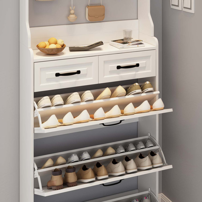 Armoire à chaussures blanche avec 3 portes et 2 tiroirs avec support, grand espace de rangement