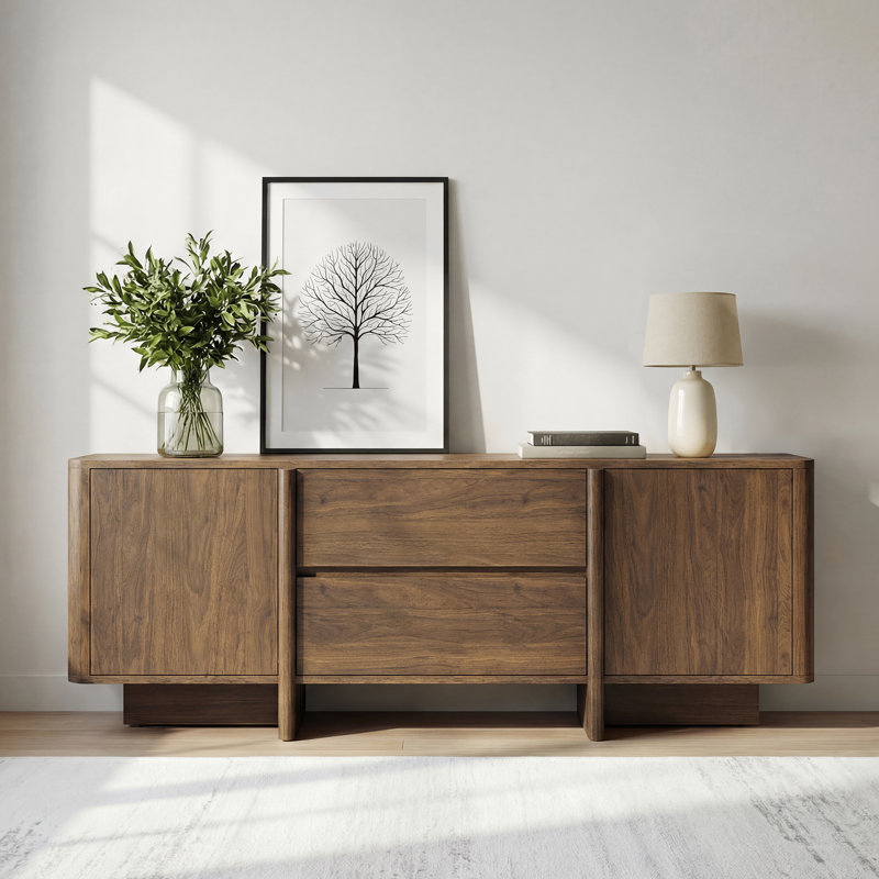 Aureon 62" Modern Arc TV Stand With Handleless Design & Adjustable Shelves,Fits Tvs Up To 70", Walnut
