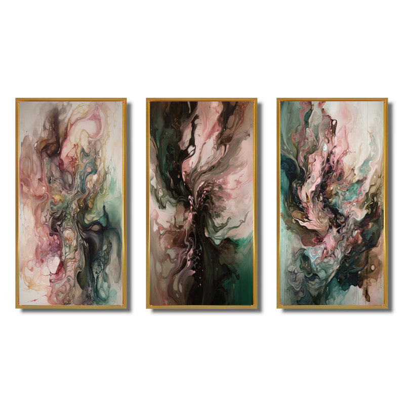 "Rose vert" Inner Worlds of Marble III - 3 pièces sur toile à motif géométrique abstrait, H 28 po x l 36 po